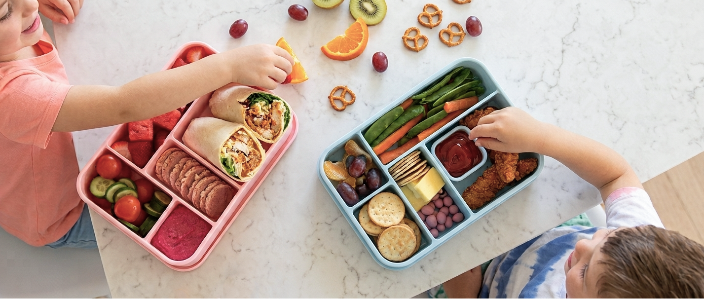Two children packing colorful compartment lunch boxes on a white marble countertop with fruit, crackers, and pretzels.