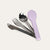 Set of silver cutlery with a purple holder on a light gray background