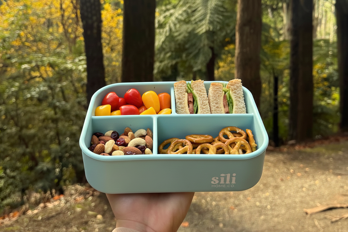 Bento box with snacks held in front of a forest background