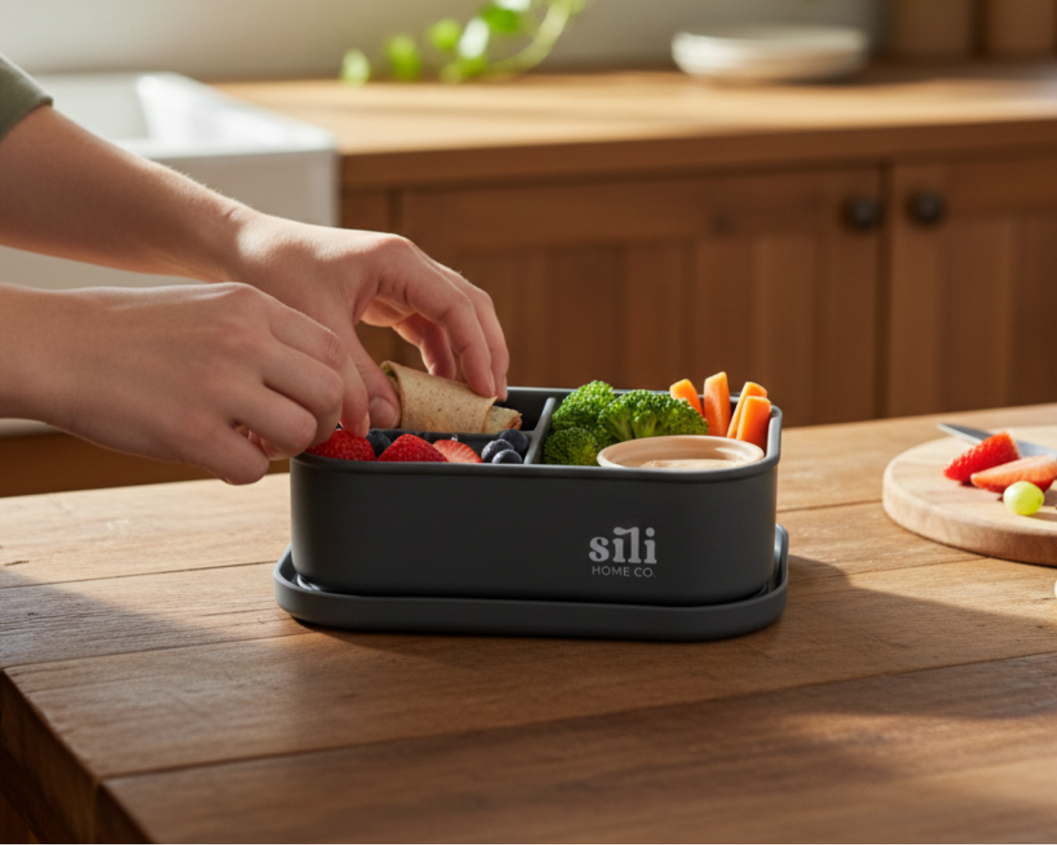 Rectangle lunch box on kitchen bench being filled